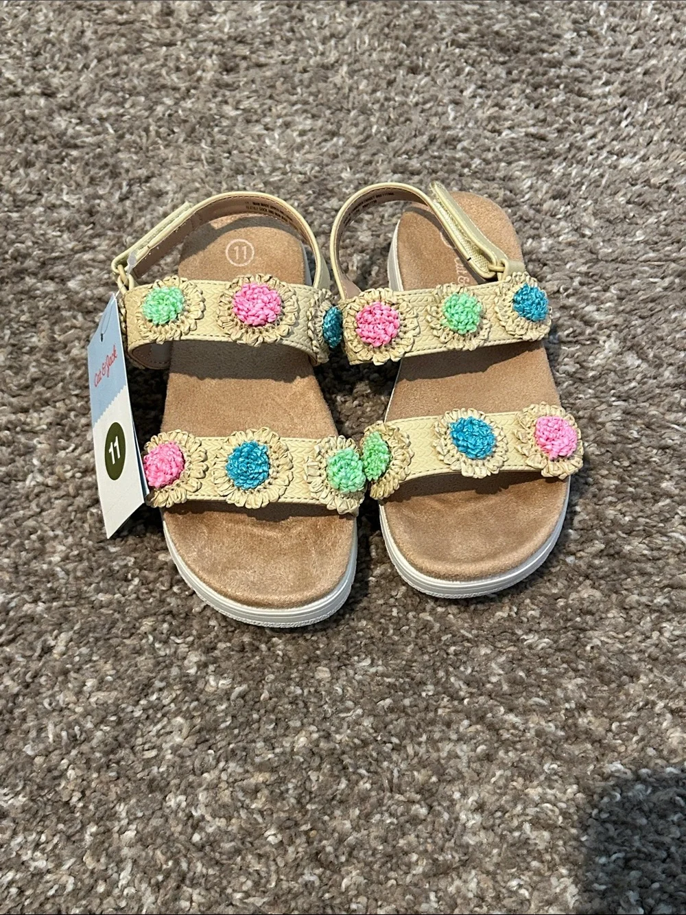 Cat & Jack Neutral Crochet Flower Sandals with Pink, Green & Blue Accents